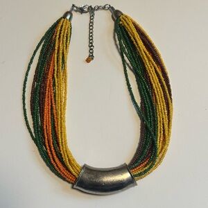 Multistrand Seed Bead Necklace with Silver-Tone Accent — Yellow, Green, Orange